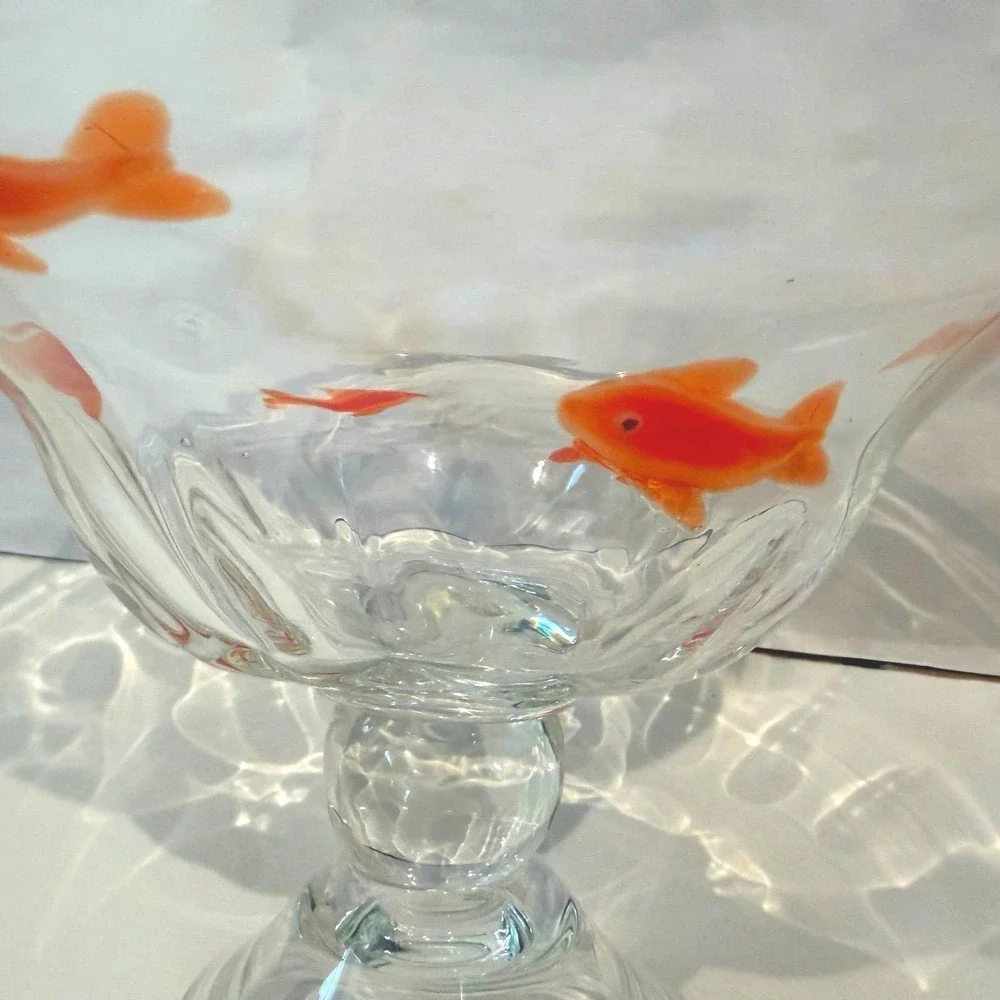 Crate and Barrel Go Fish Koi‎ Pedestal Bowl Hand Blown Glass Rare HTF Large